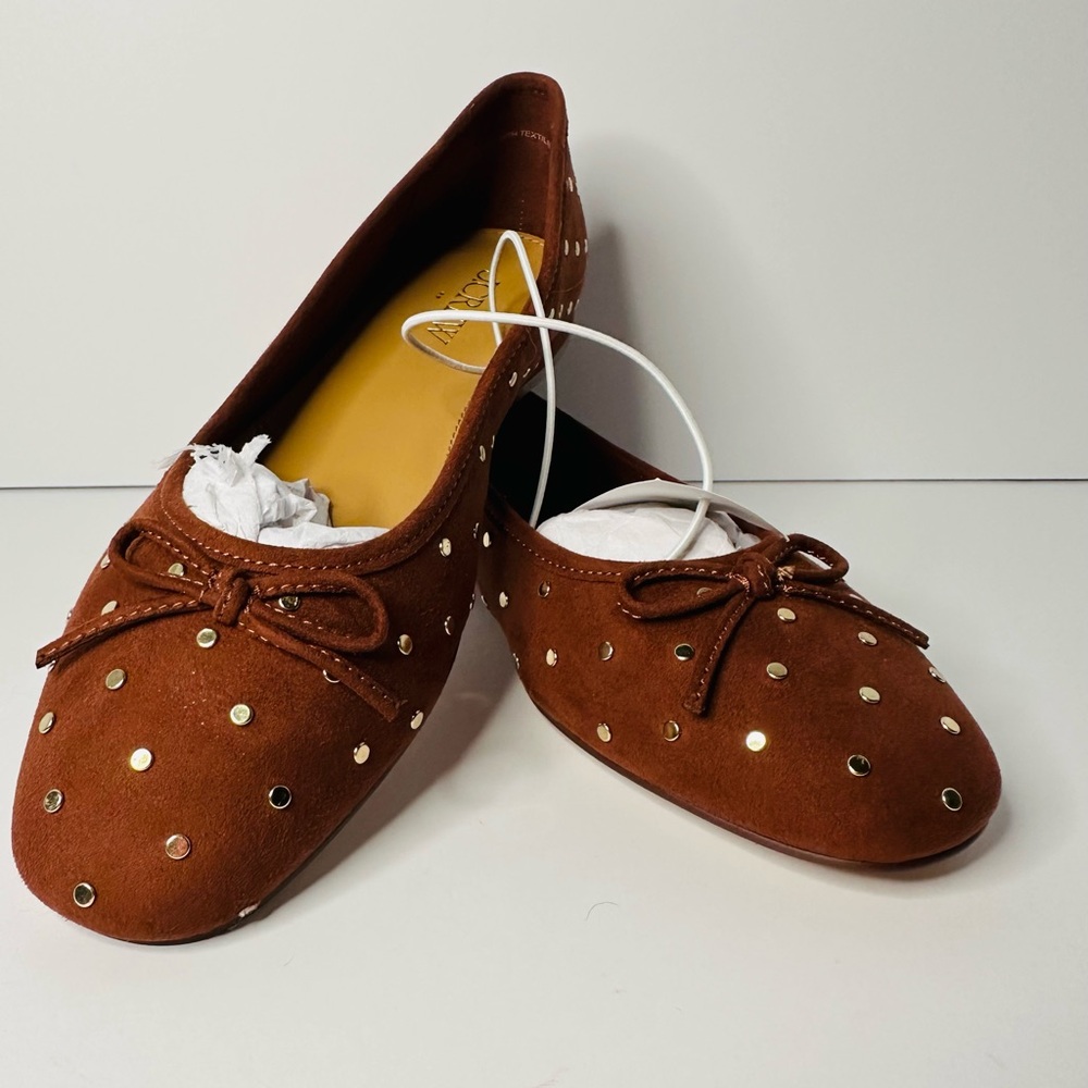 J.Crew Studded Suede Ballet Flats Size 6 Brown Bow Gold Studs NWT - Picture 2 of 6